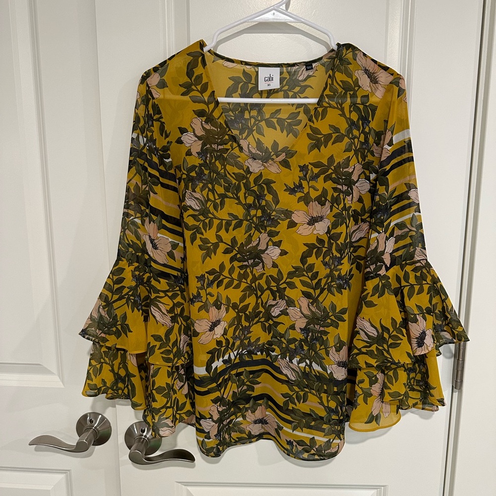 CAbi Yellow and Black Ruffled Bell Sleeve Blouse